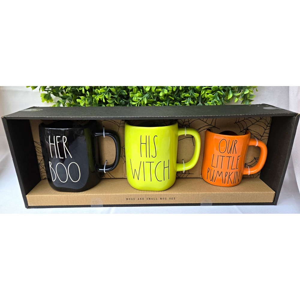 Rae Dunn Halloween Mug Set Her Boo His Witch Our Little Pumpkin 3 Pc NIB Magenta